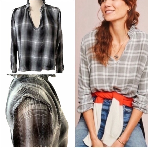 Anthropologie Cloth & Stone Womens Gray Plaid Ruffle V-Neck Shirt Blouse Small - Picture 1 of 10
